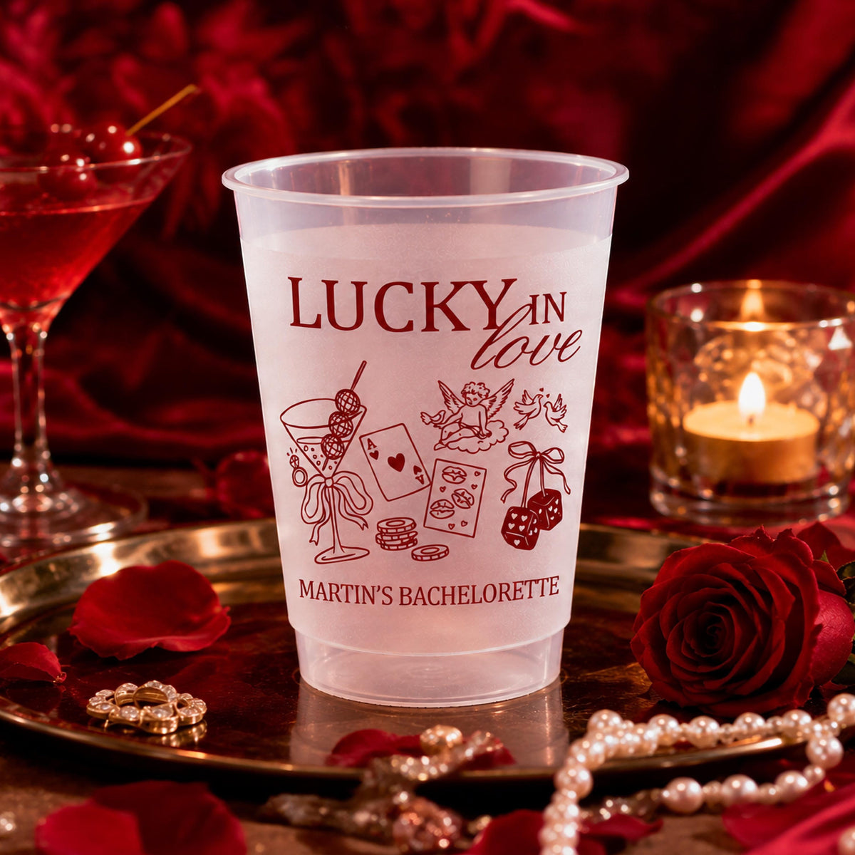 Personalized Lucky in Love Frosted Cups, Custom Las Vegas Bachelorette Party Cups, Casino Bach Weekend Favors, Vegas Girls Night Cups Favor
