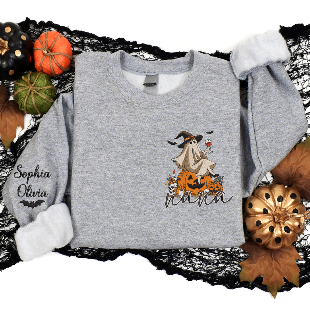 Embroidery Halloween Ghost Wine Witch Hat Pumpkin Fall Gift Grandma And Kids