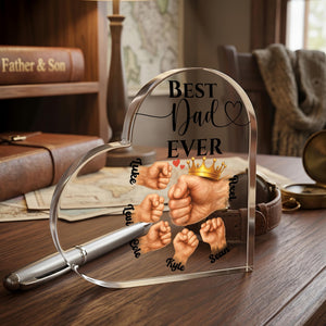 Personalized Father and Kids Fists Acrylic Heart Block, Custom Fathers Day Gift for Dad, Best Dad Ever Keepsake, Dad's Office Desk Decor