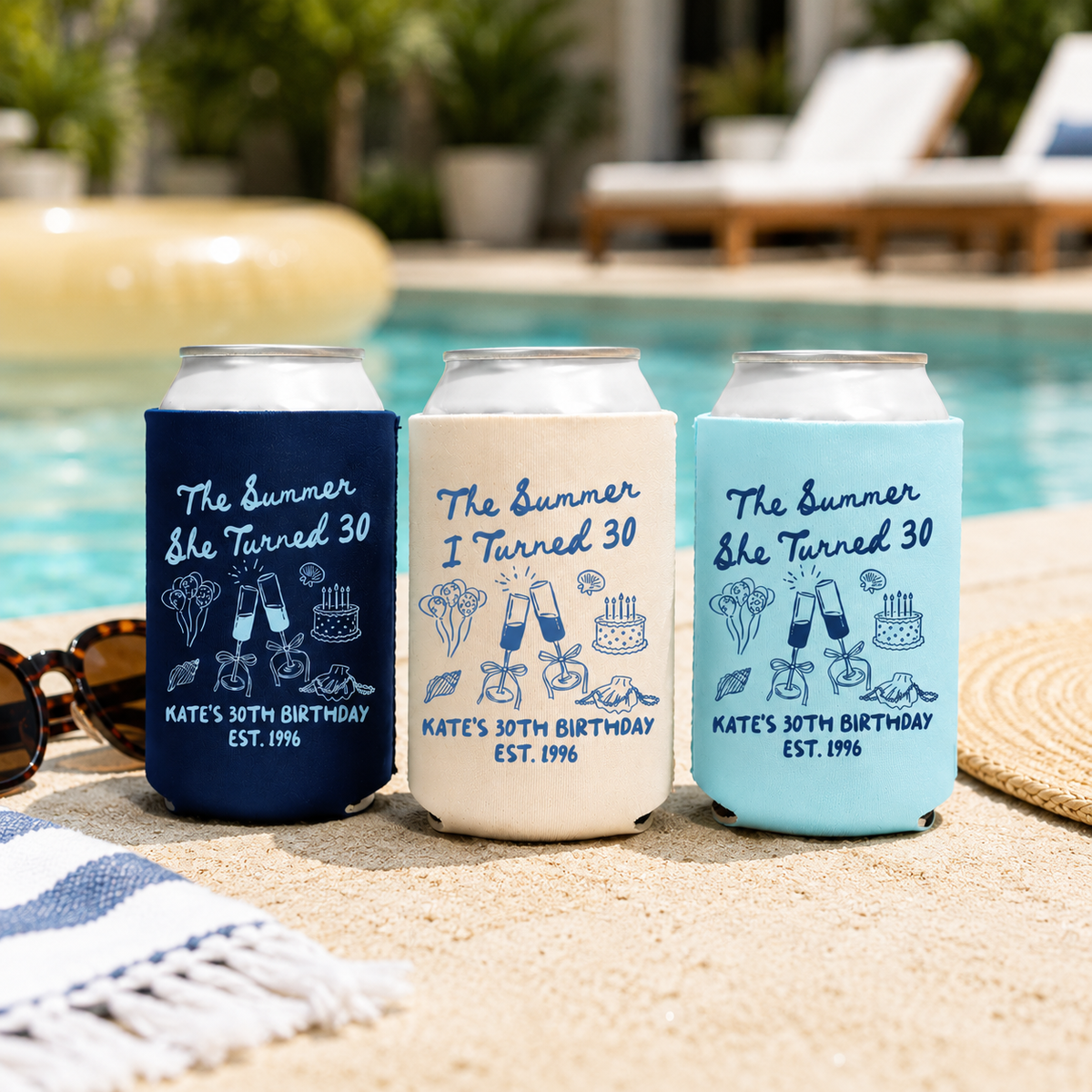 The Summer I Turned Thirty Birthday Can Coolers, 30th, 40th, 50th Birthday Personalized Can Sleeves, Beach Coastal Birthday Party Favors