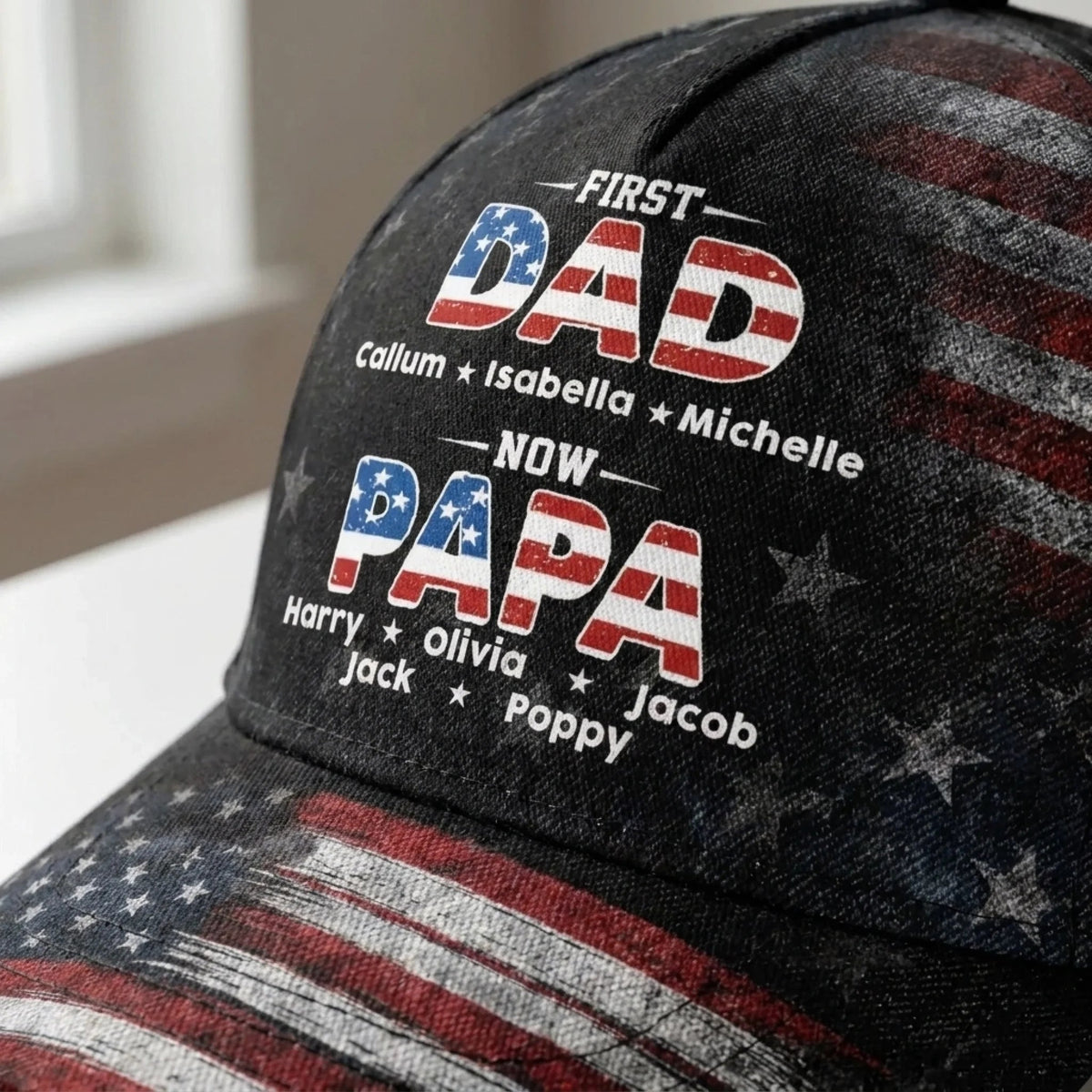 First Dad Then Papa Classic Cap, Personalized American Flag Baseball Cap, Gift For Father Grandpa