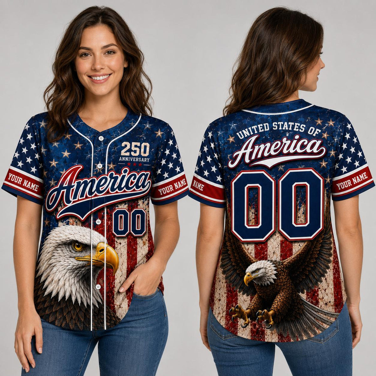 Personalized America Baseball Jersey, USA 250th Anniversary Jersey, Custom Name Number Patriotic Eagle Shirt, 1776 2026 4th of July Gift