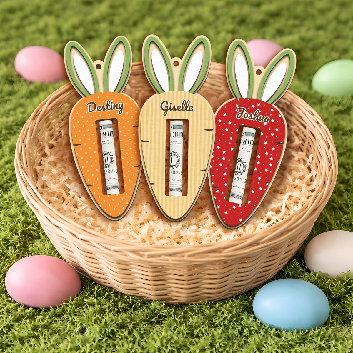 Custom Easter Bunny Money Holder, Personalized Wooden Easter Name tag, Easter Gift for Kids