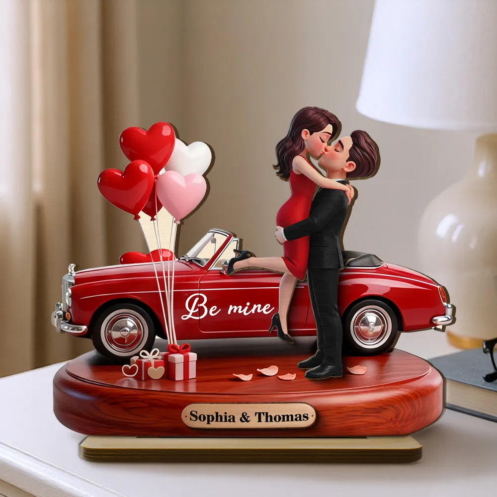 3D Kissing Couple Red Car Valentine's Day - Personalized Wooden Plaque With Flat Base - Anniversary Gift For Couple