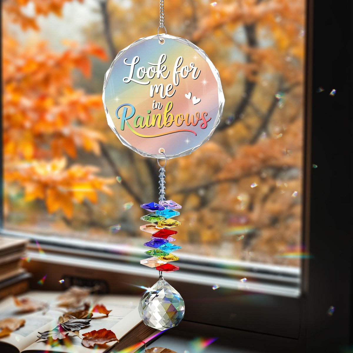 Look for me in Rainbows Personalized Memorial Ornament, Crystal Heart Ornament Sympathy gift, Memorial gift with name, Prism rainbow