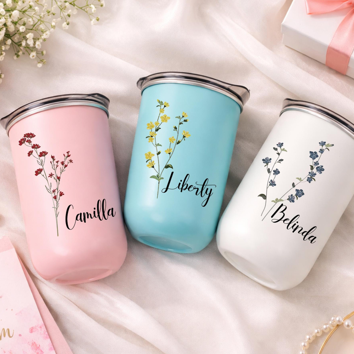 Birthday Flower Tumbler, Wildflower 10oz Personalized Coffee Cup, Custom Name Gift for Her