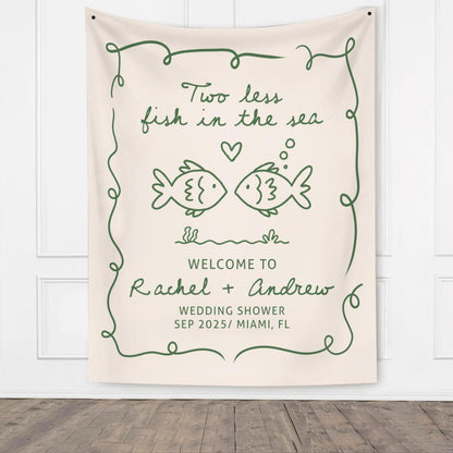 Personalized Bachelorette Party Decor, Custom Two Less Fish In The Sea Bachelorette Party Banner Fishing Couples Bachelorette Party Backdrop