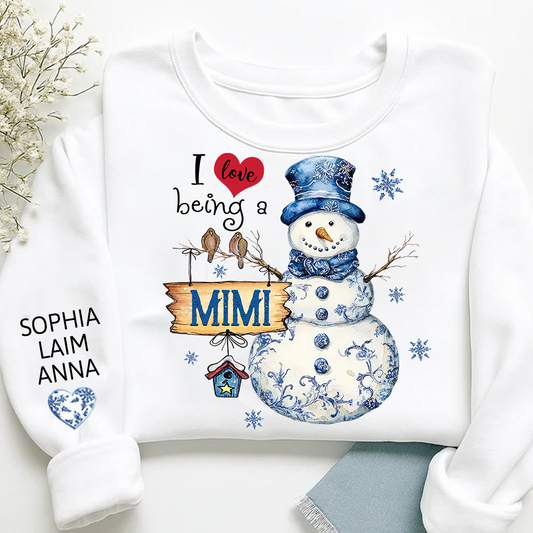 I Love Being A Nana Blue Toile Snowman - Personalized Apparel - Christmas Gift For Grandma