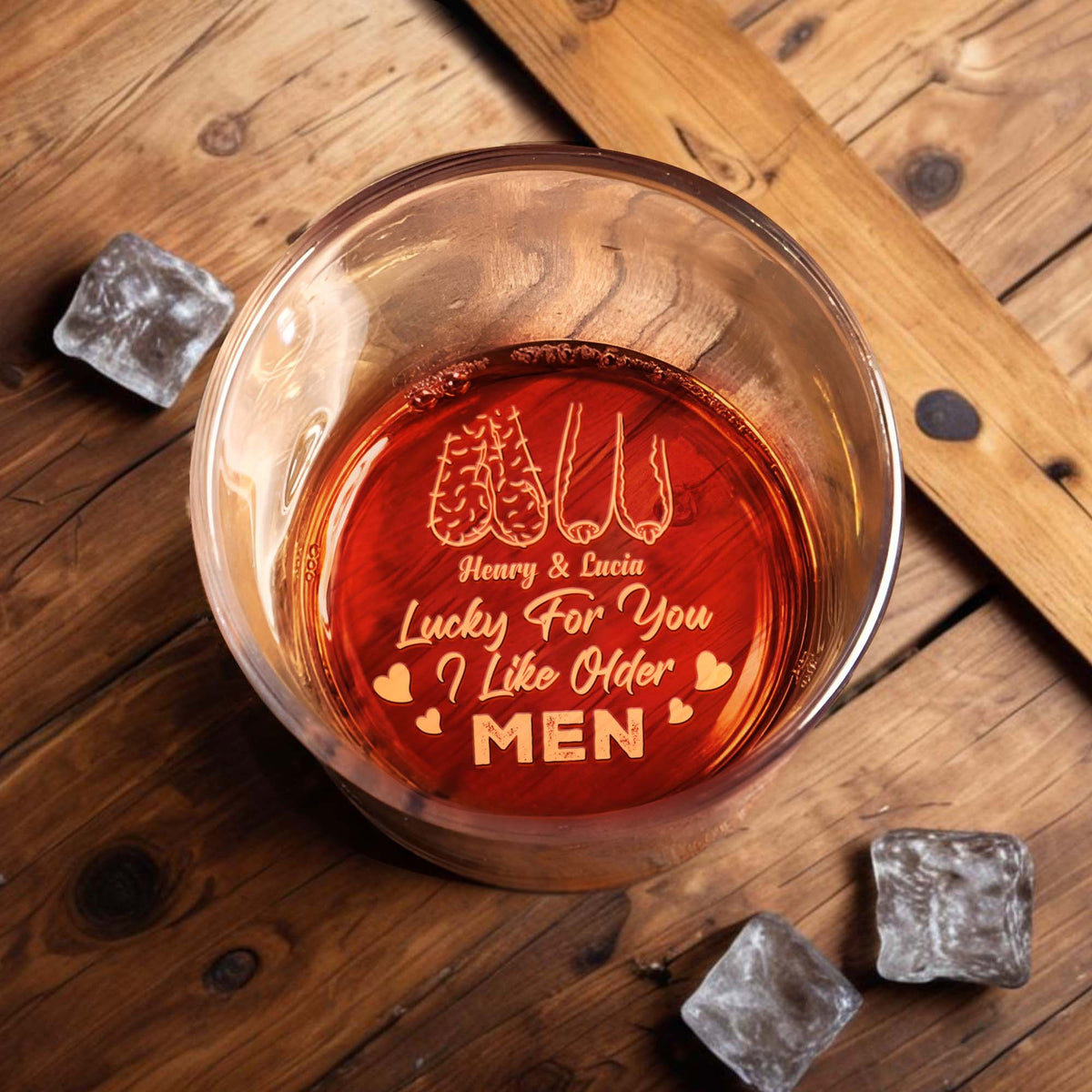 Lucky For You I Like Older Men, Personalized Engraved Whiskey Glass, Gift For Couples