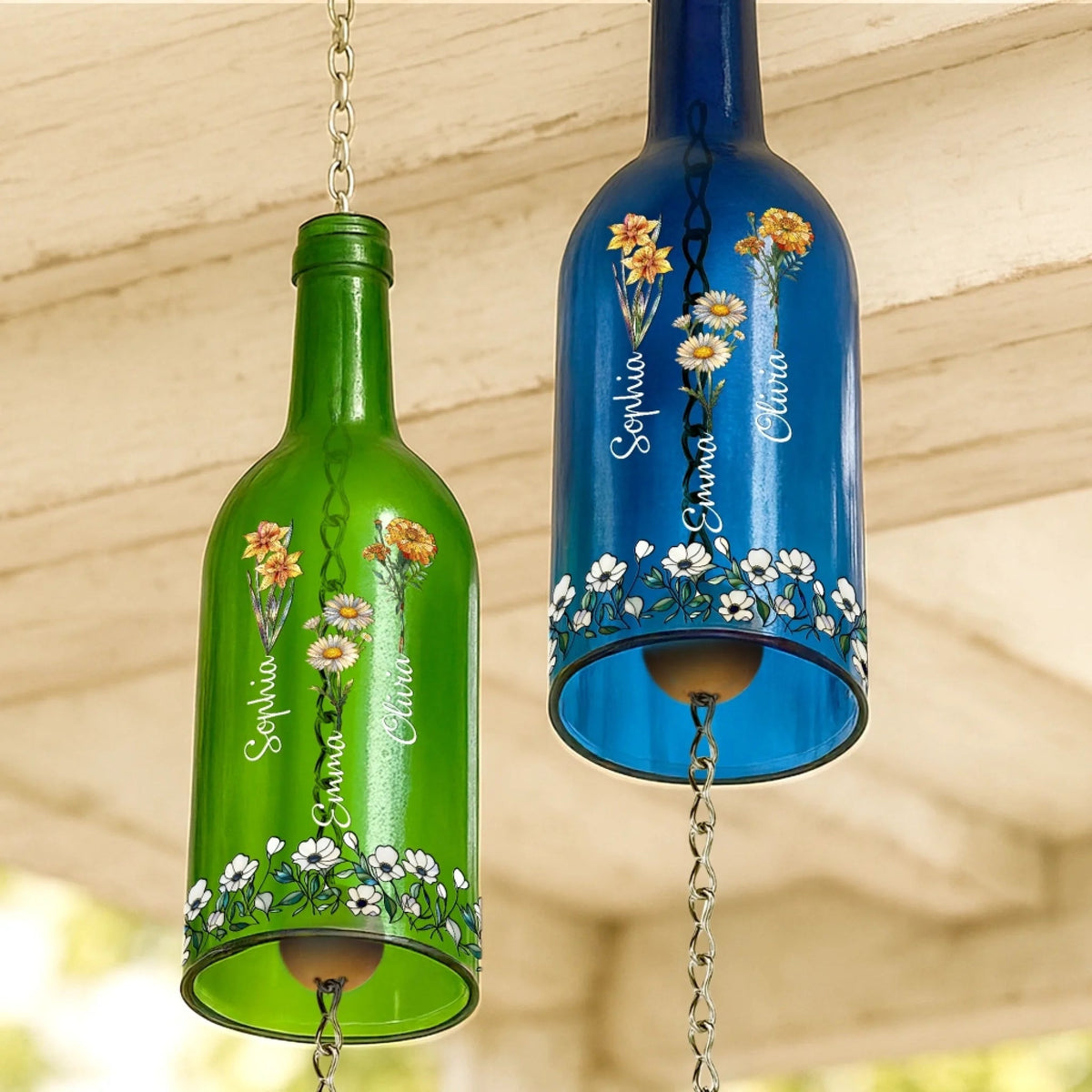 Sisters Birth Month Flowers Bloom Together In Love - Personalized Wine Bottle Wind Chime - Gift For Sisters, Besties, Birthday Gift