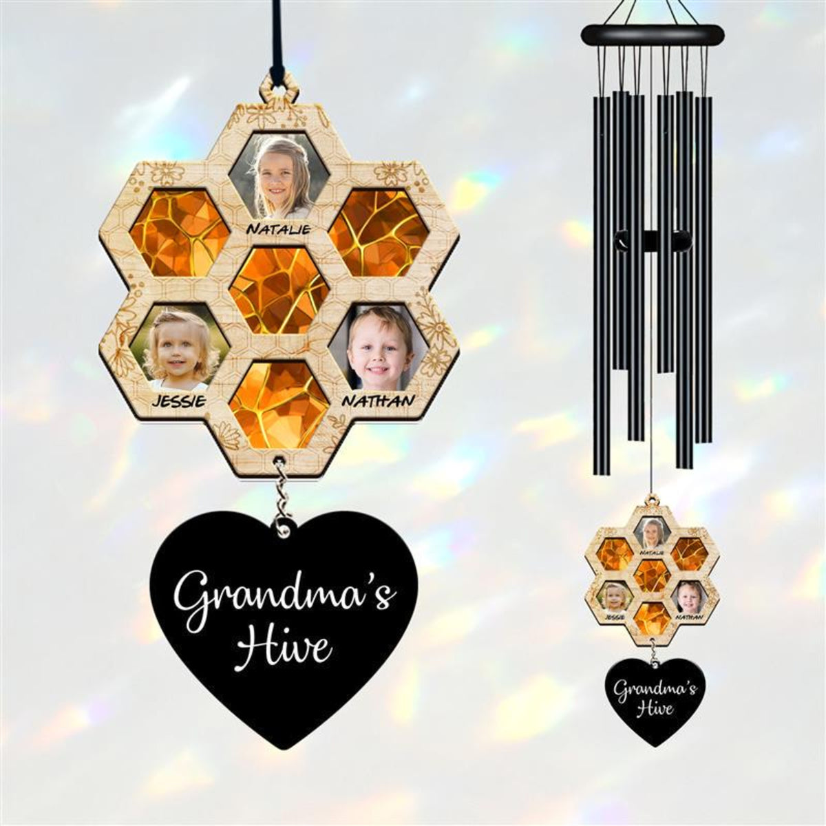 Personalized Honeycomb Wind Chime, Custom Grandma s Hive Wind Chime, Honeycomb Design with Photo, Name, Gift for Grandma, Gift for Mom, Nana