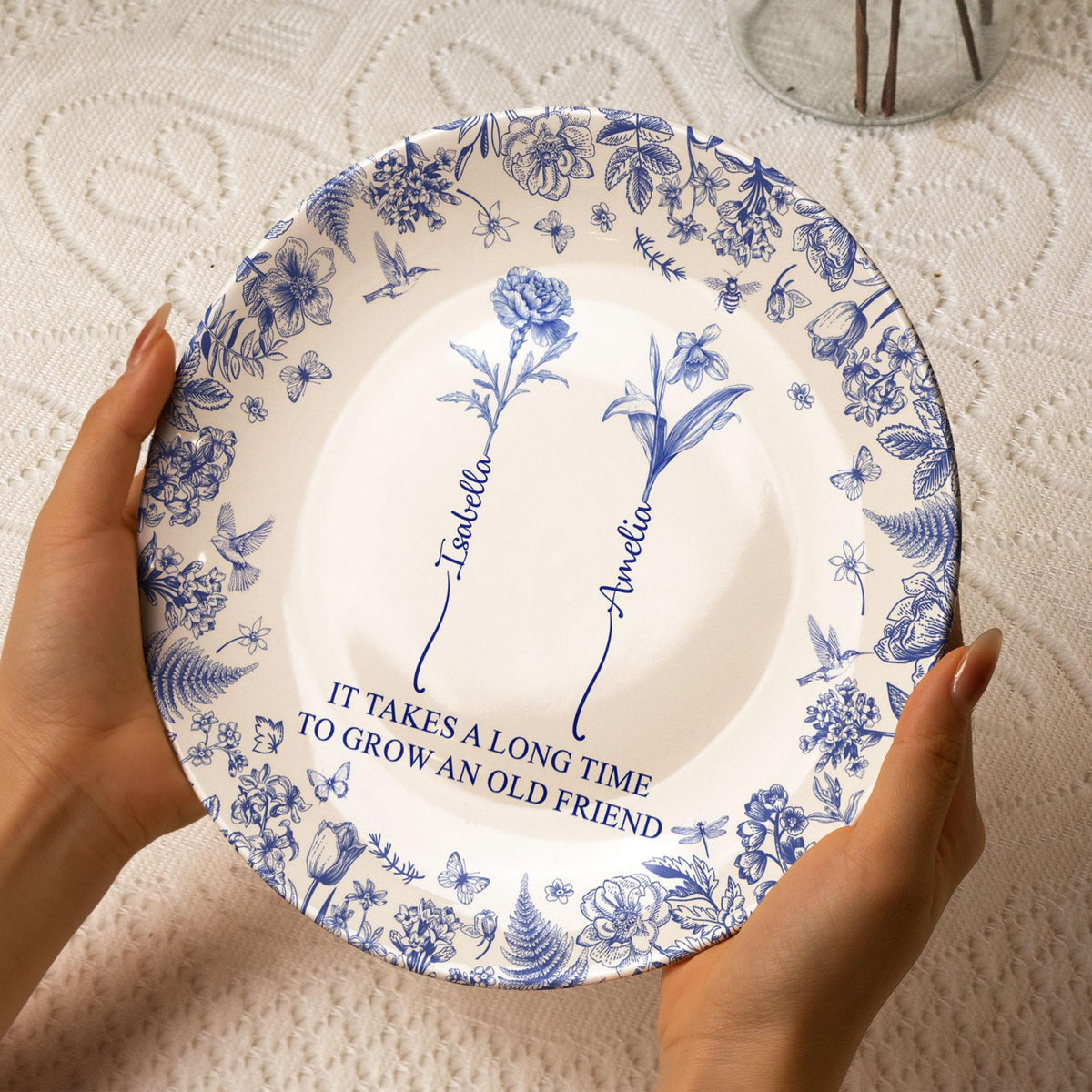 It Takes A Long Time To Grow An Old Friend, Custom Birth Flower Toile De Jouy, Personalized Ceramic Plate, Custom Gift for Best Friend