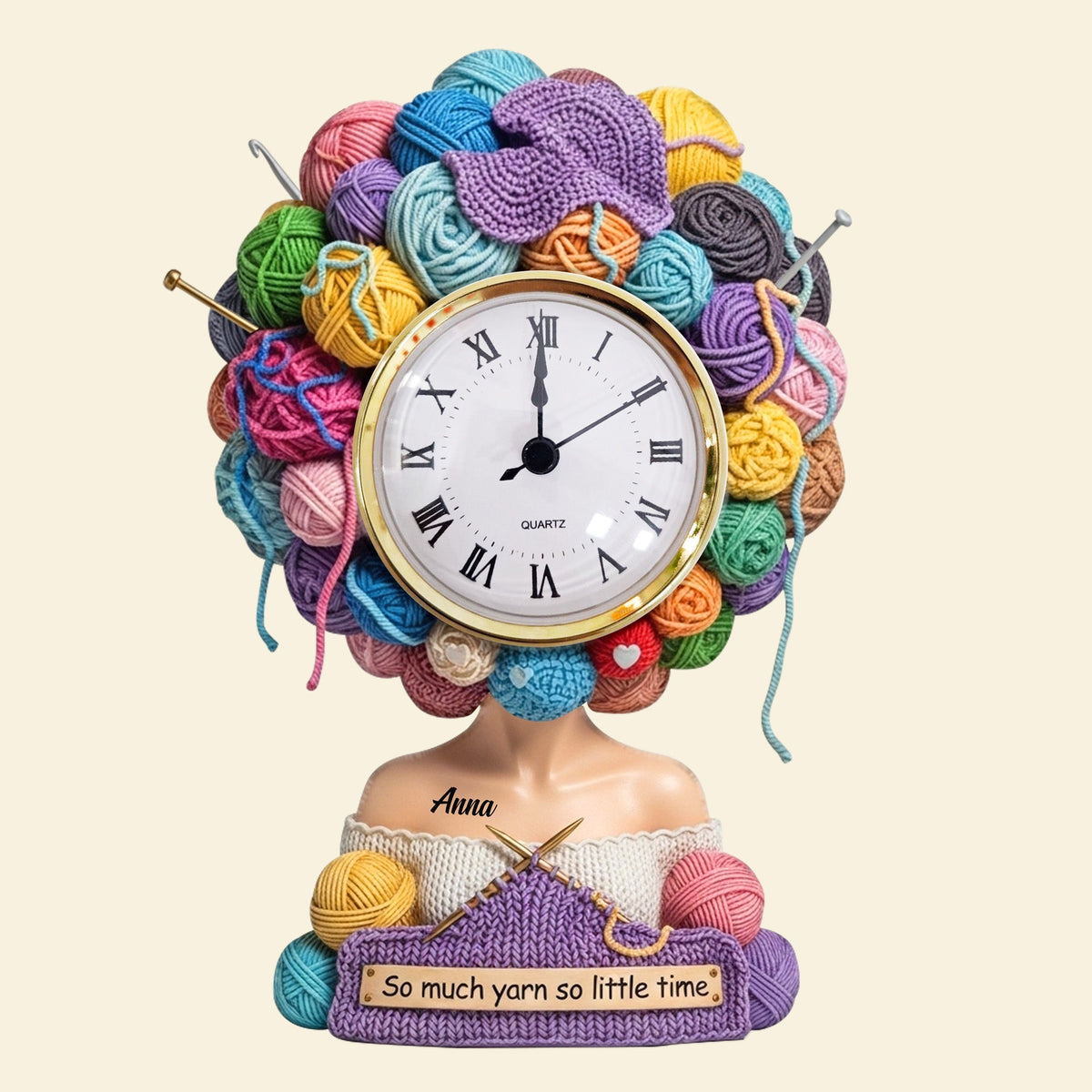 Yarn Head Girl Desk Clock - Personalized Acrylic Desk Clock - Gifts For Knitter & Crocheter