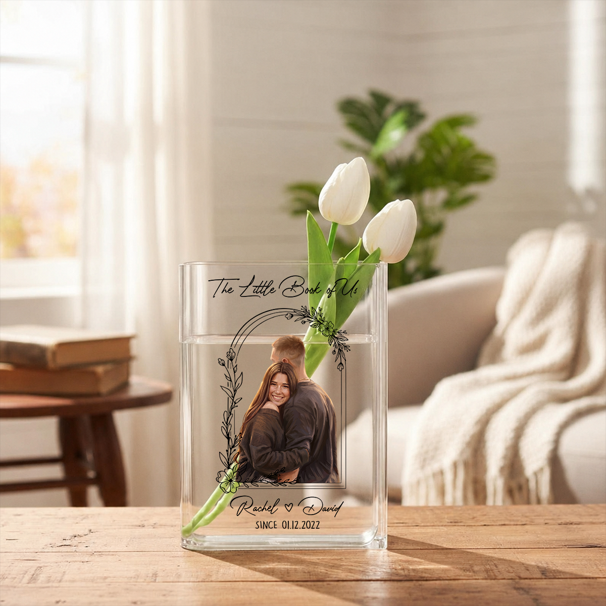 Anniversary Gifts - Custom Photo Couples Art - Personalized Journal Clear Acrylic Book Vase for Flowers, Transparent Flower Vase