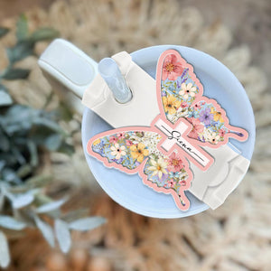 Personalized Butterfly Cross Christian Tumbler Name Tag, Christian Girls Tumbler Tag, Faith Cross Lid Tag