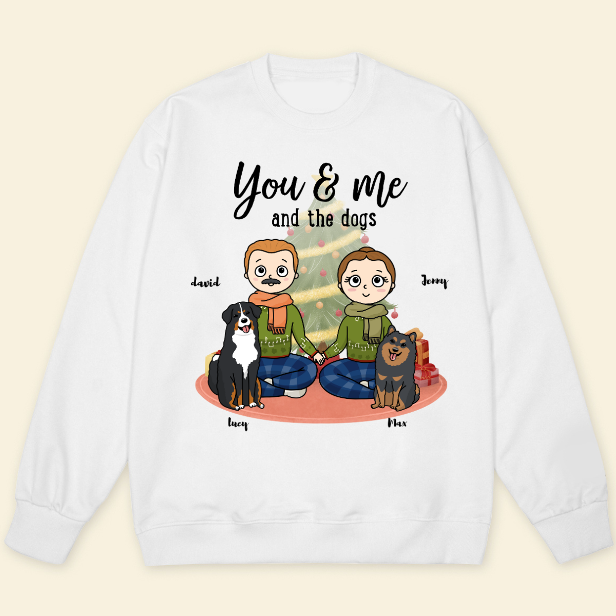 You, me & the dogs Christmas Tree Personalized Sweatshirt Christmas Gift For Dog Lovers Custom Dog Breed Dog Dad Dog Mom Winter Season Gift