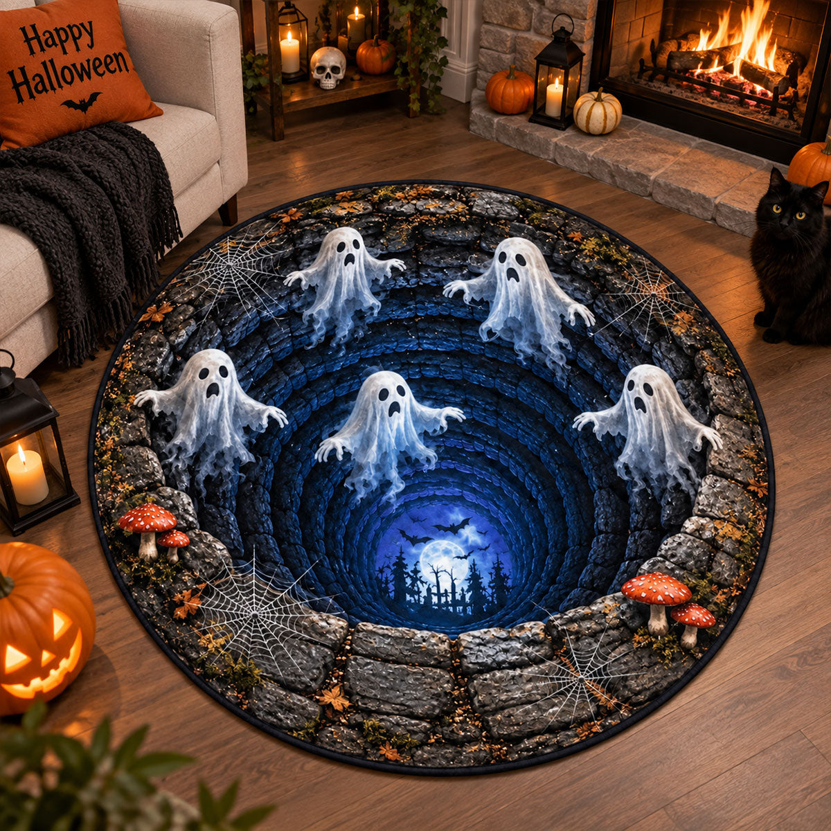 Halloween Round Quilted Rug, 3D Spooky Dungeon Illusion Rug, Ghost and Pumpkin Rug