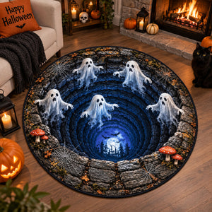 Halloween Round Quilted Rug, 3D Spooky Dungeon Illusion Rug, Ghost and Pumpkin Rug