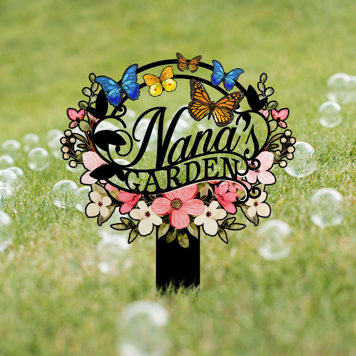 Personalized Nana's Garden Sign, Metal Garden Stake with Flowers and Butterflies, Outdoor Yard Decoration, Grandma Gift, Nana's Blessings
