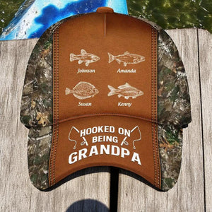 Hooked On Being Dad and Grandpa Fishing Cap - Personalised Classic Cap, Father's Day Gift For Dad, Cap For Grandpa, Dad And Kid Name Cap