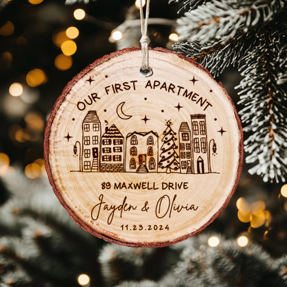 Custom Apartment Warming Gift, Our First Apartment Wooden Christmas Ornament, New Address Ornament, New Home Gift for Couples