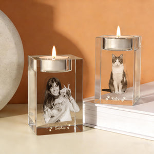 Custom 3D Crystal Photo Portrait, Engraved Crystal Photo With Candle Holder, 3D Crystal Photo Gift for Pet, Memorial Candle Votive, Gift for Mum