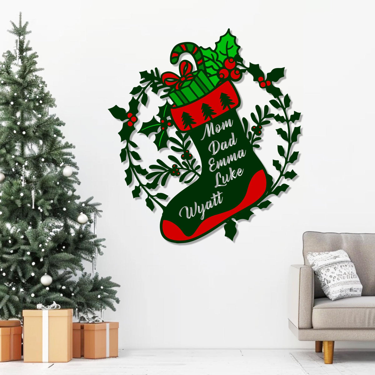 Personalized Christmas Stocking with Names Metal Wall Art, Metal Christmas Wall Decor, Custom Christmas Stockings Sign, Christmas Decoration