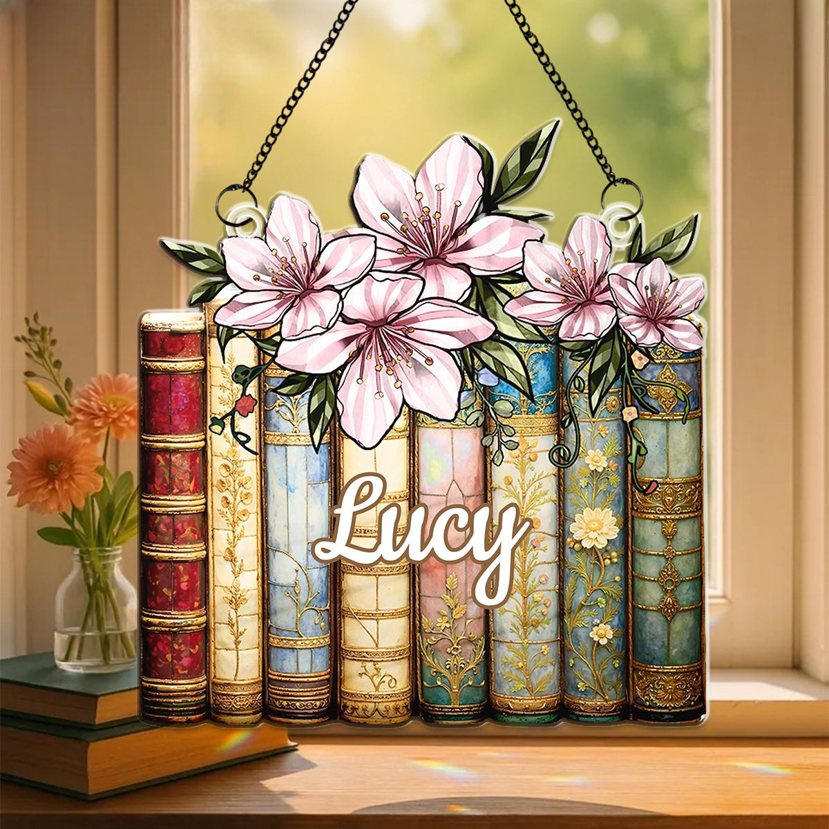 Birth Flower Reading Book Stack Personalized Suncatcher Stained Glass - Gift For Book Lovers