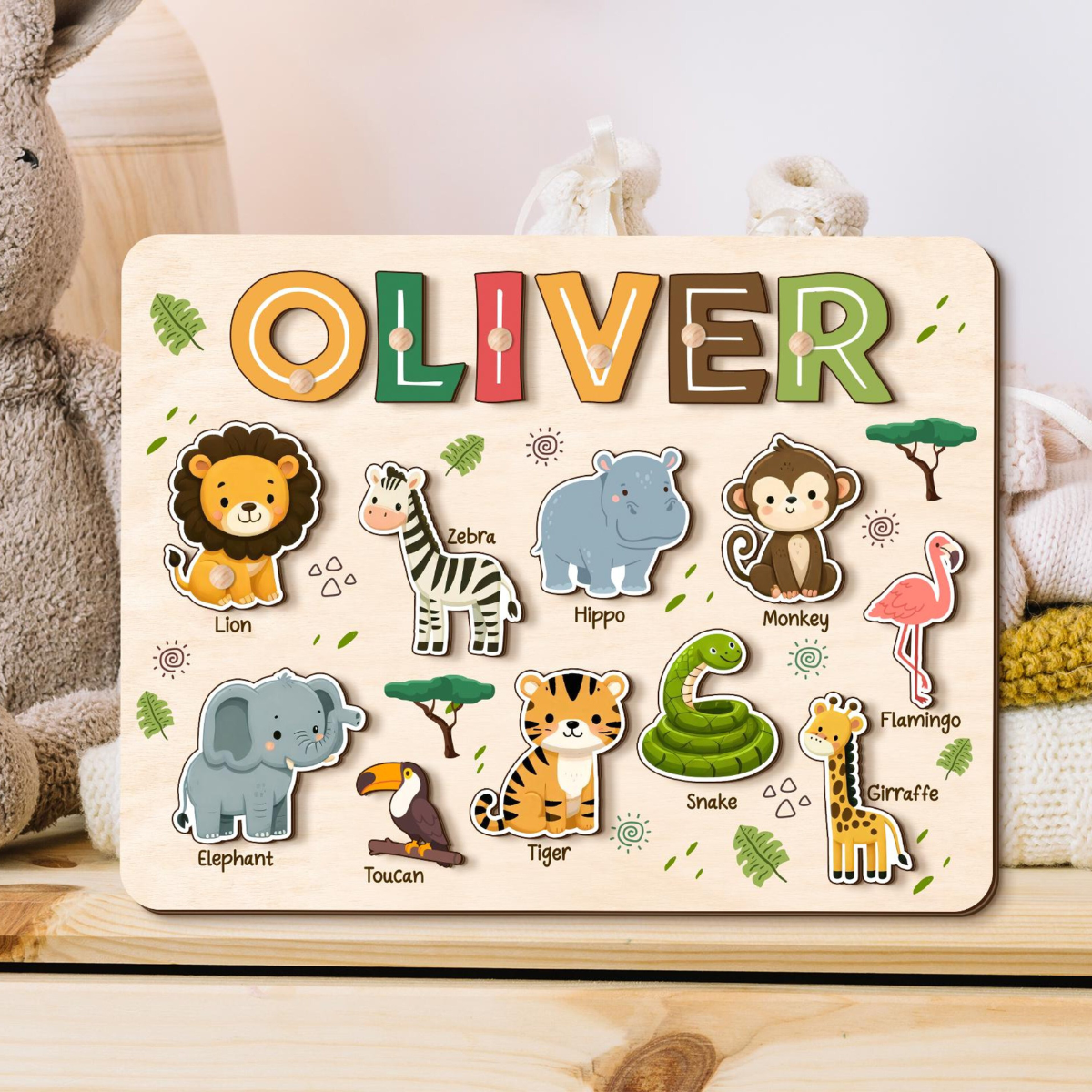 Safari Animal Name Puzzle for Kids, Personalized First Birthday Gift, Custom Toddler Wooden Puzzles, Unique New Baby Gift, Baby Shower Gift