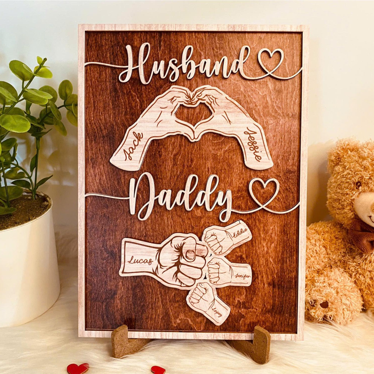 Personalized Dad Wooden Sign, Custom Kid's Name Wooden Sign, Fist Bump Husband Wood Sign, Father's Day 2025 Gift For Dad