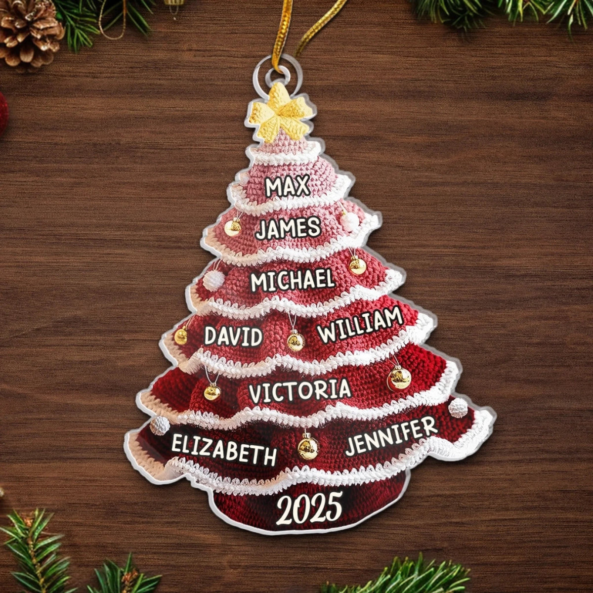Crochet Christmas Tree Custom Family Names - Personalized 2D Flat Acrylic Ornament - Christmas Gift For Family
