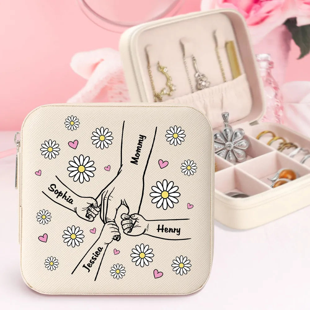 Mom Flower Kids Holding Hand Outline - Personalized Square Jewelry Box - Gift For Mom, Mother's Day, Birthday Gift