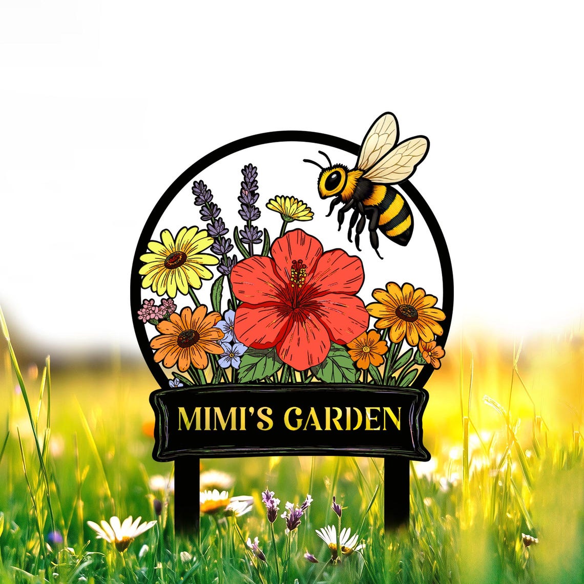 Custom Bee Garden Sign with Stakes, Mother's Day Gift for Mimi, Bee Floral Yard Stake, Flower Bed Decor, Gardener Gift, Nana's Blessings