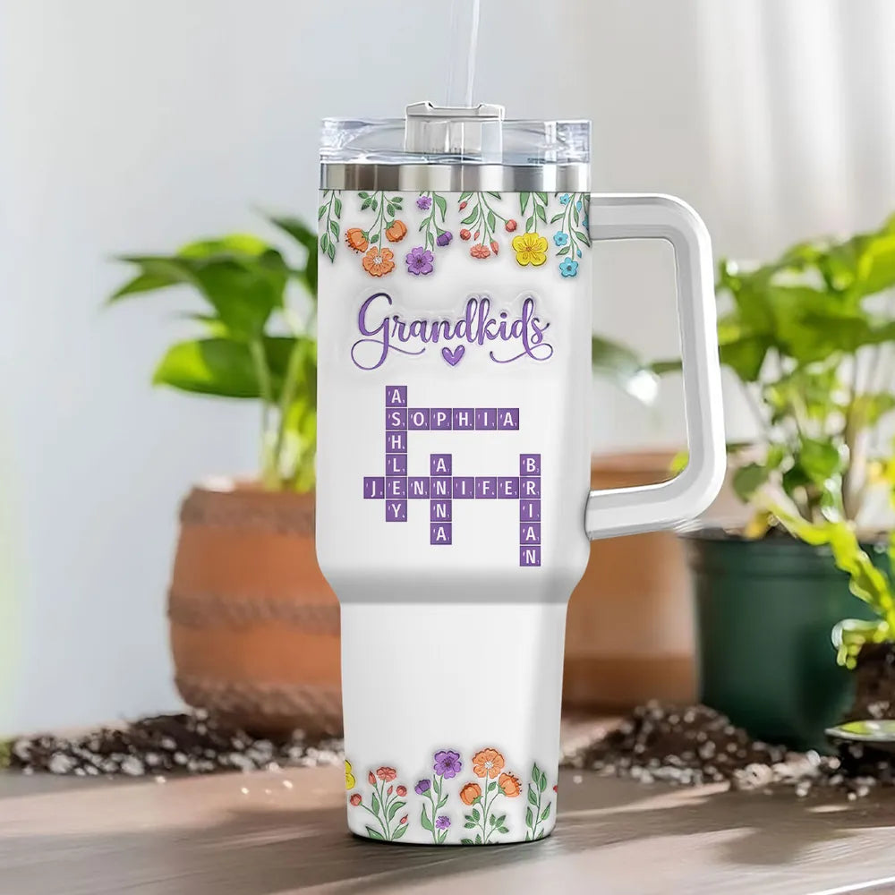 Grandkids Purple Crossword Wildflower Pattern - Personalized 40oz Tumbler - Gift For Grandma Mom, Mother's Day, Birthday Gift