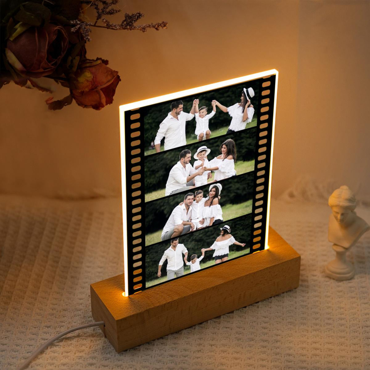 Couple Custom Photo Film Frame, Custom Photo LED Light Wooden Base, Photo Collage LED Light, Anniversary Gift, Wedding Gift, Birthday Gift