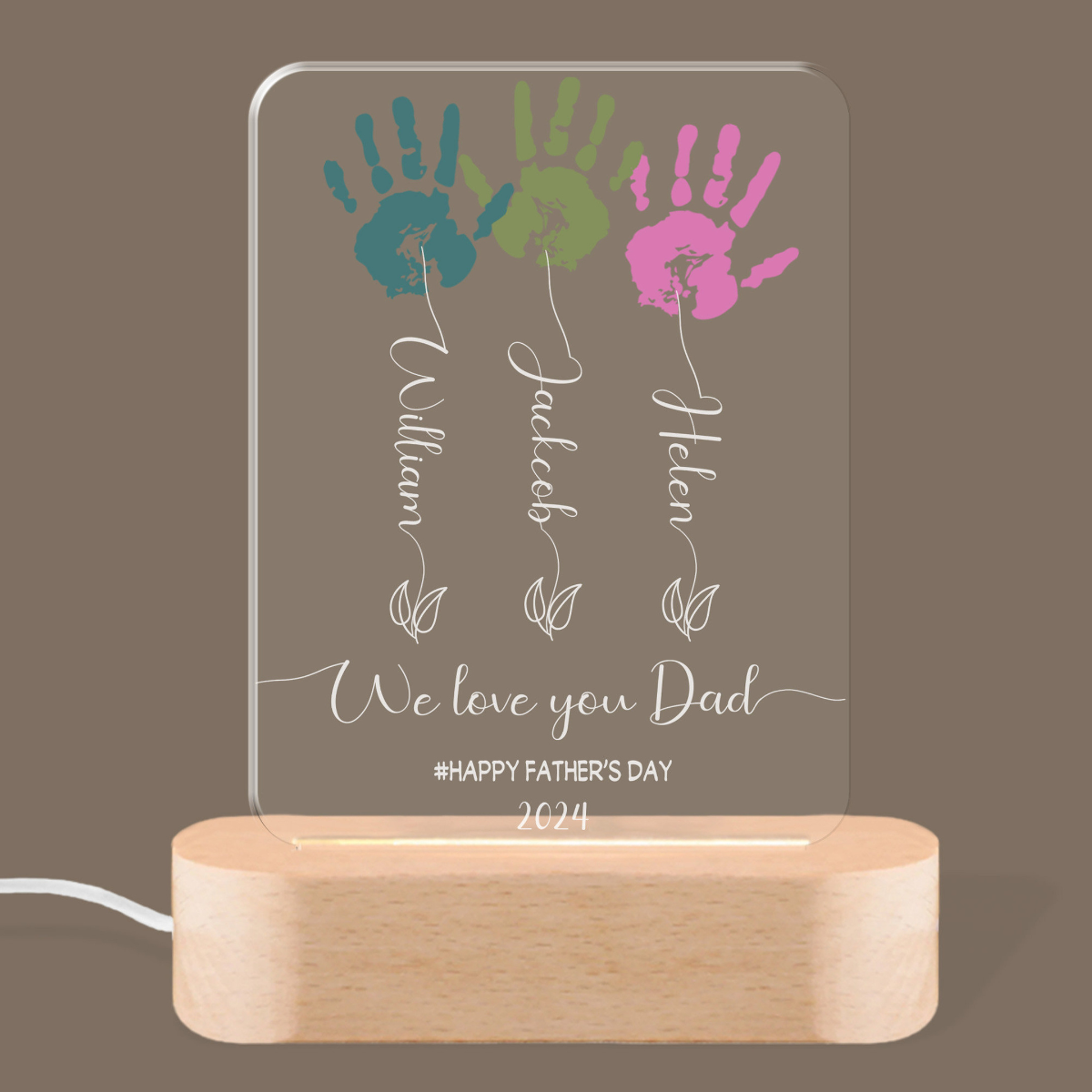Father's Day Handprint Art Night Light, Flower Handprint Led Lamp, Gifts For Dad Lamp, Father's Day Gift