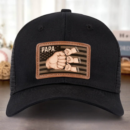 American Dad & Kids Are Unstoppable - Personalized Leather Label Net Hat - Gift For Dad, Grandpa, Father's Day Gift