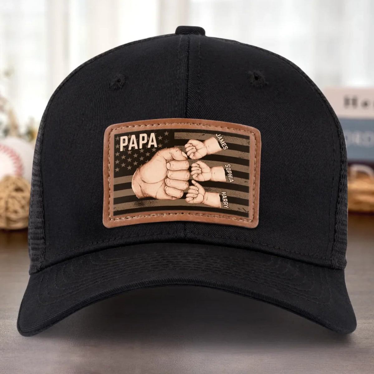American Dad & Kids Are Unstoppable - Personalized Leather Label Net Hat - Gift For Dad, Grandpa, Father's Day Gift