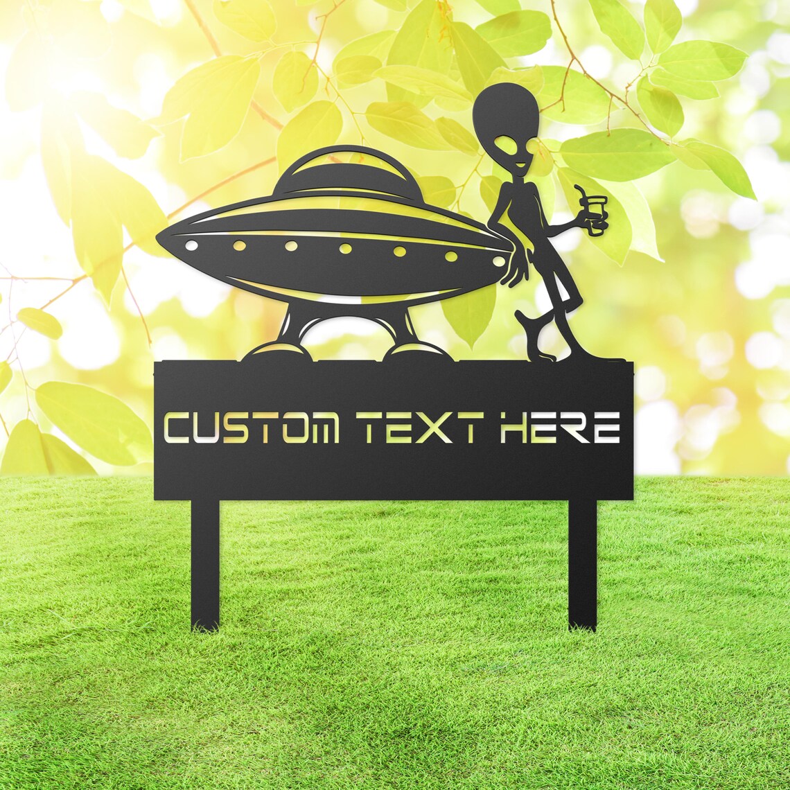 Alien & Spaceship Yard Stake, Custom Metal Alien Garden Yard Art, Outer Space Yard Decor, Funny Alien Yard Stake
