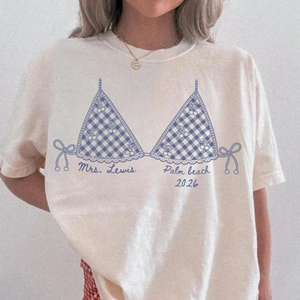 Personalized Bikini Graphic Bachelorette Shirt, Summer Top Coverup, Coastal Bachelorette Shirt, Custom Mrs Shirt, Beach Bach Party Tee