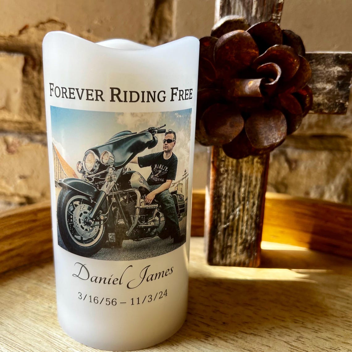 Forever Riding Free, Biker Memorial LED Candle Personalized with Name Dates Photo