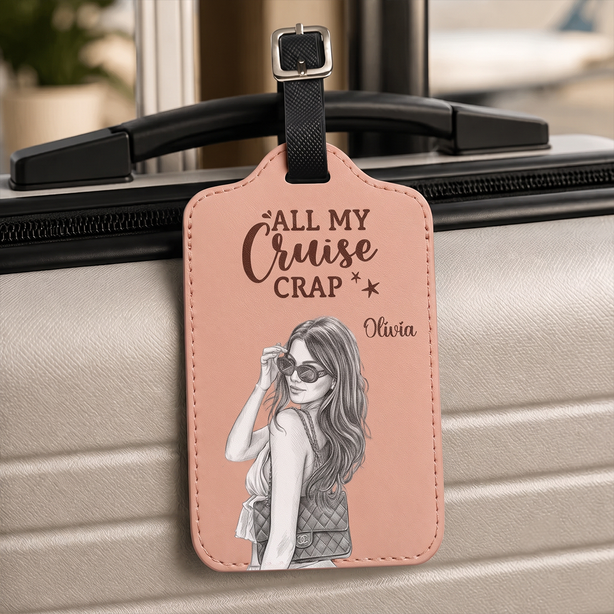 Custom Photo Bold Sketch Couple Besties Dog Cat Funny Portrait - Personalized Leather Luggage Tag