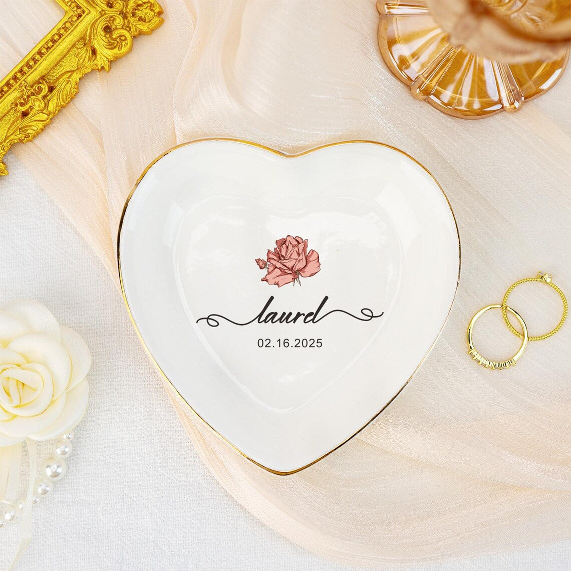 Personalised Birth Flower Trinket Dish, Flower Name Jewelry Dish, Bridesmaid Ring Dish Wedding Favors, Birthday Gift for Friend, Date Ring Dish