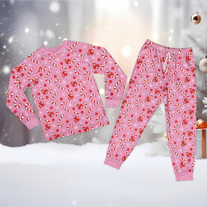Coquette Bow Candy Cane Christmas Pajamas, Preppy Christmas Long Sleeve Two Piece Pajama Set, Festive Xmas Holiday Loungewear Set