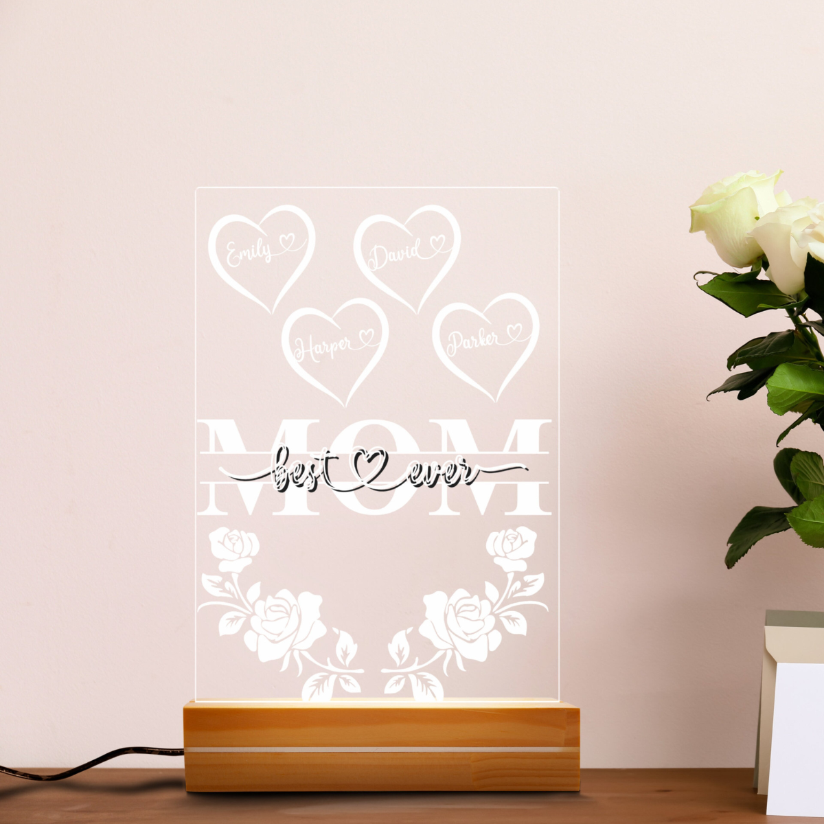 Best Mom Ever With Roses And Hearts - Personalized 3D LED Light Wooden Base - Gift For Mom, Mother's Day Gift