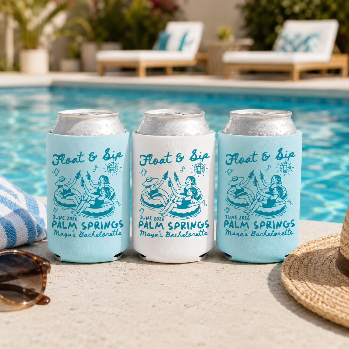 Float & Sip Beach Bachelorette Party Favors, Pool Party Can Coolers, Coastal Birthday Can Coolers