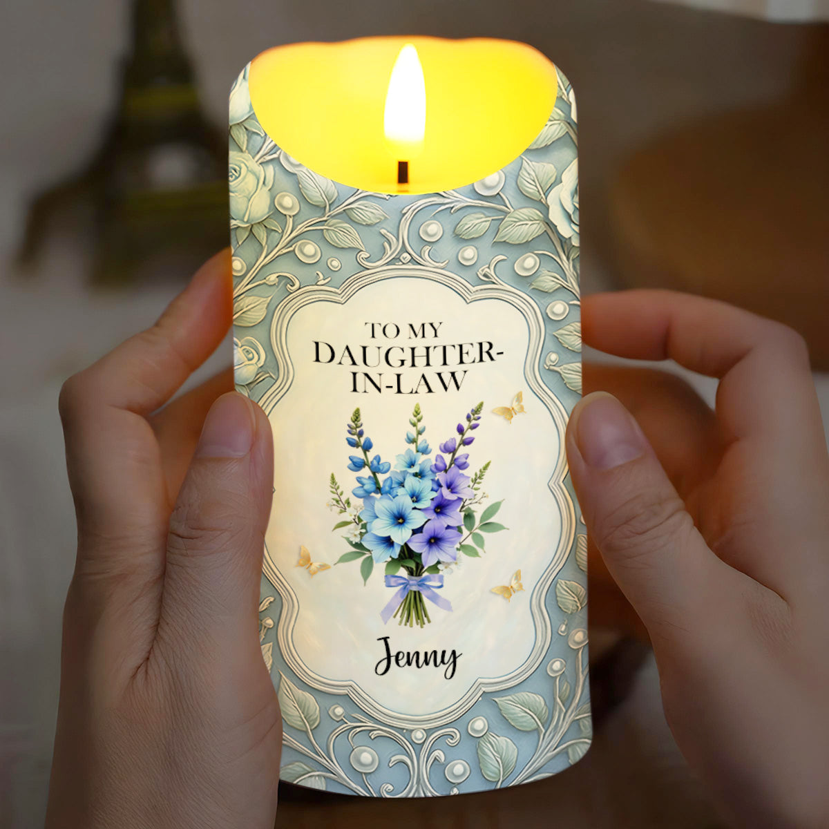 To My Daughter-In-Law, Gift Of Life, Flowers and Butterflies, Custom LED Candle, Gift For Daughter-In-Laws