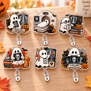 Radiology Ghost Rad Tech Badge Reel, CT Technologist Gift, X-ray Tech ID Holder, Skeleton Pumpkin Hospital Retractable Acrylic Badge Clip