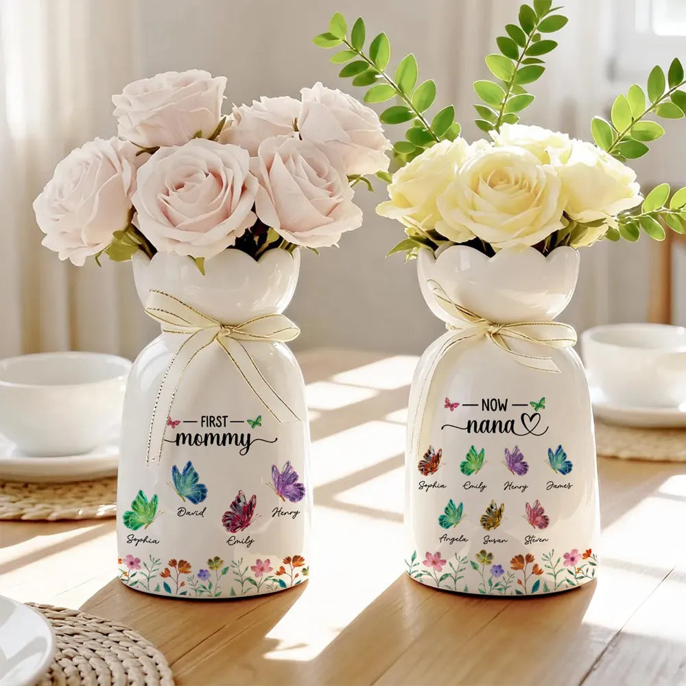 First Mom Now Grandma Butterflies - Personalized Bloom Vase - Gift For Grandma, Mom, Mother's Day Gift