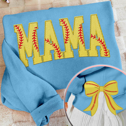MAMA Softball Coquette Side Bow Sweatshirt, Retro Trendy Coquete Lover Sweater, Bow Applique Pink Girl Gifts